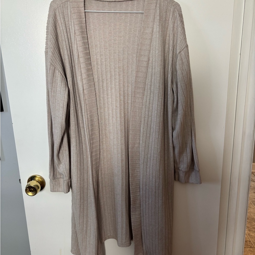 Women's Beige Open-Front Long Duster Cozy Feminine Sweater